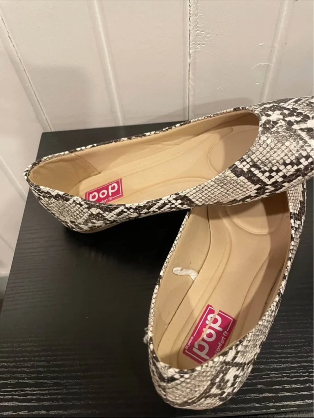 Pop Women's Snake-Print Ballet Flats in Black & White size 7.5